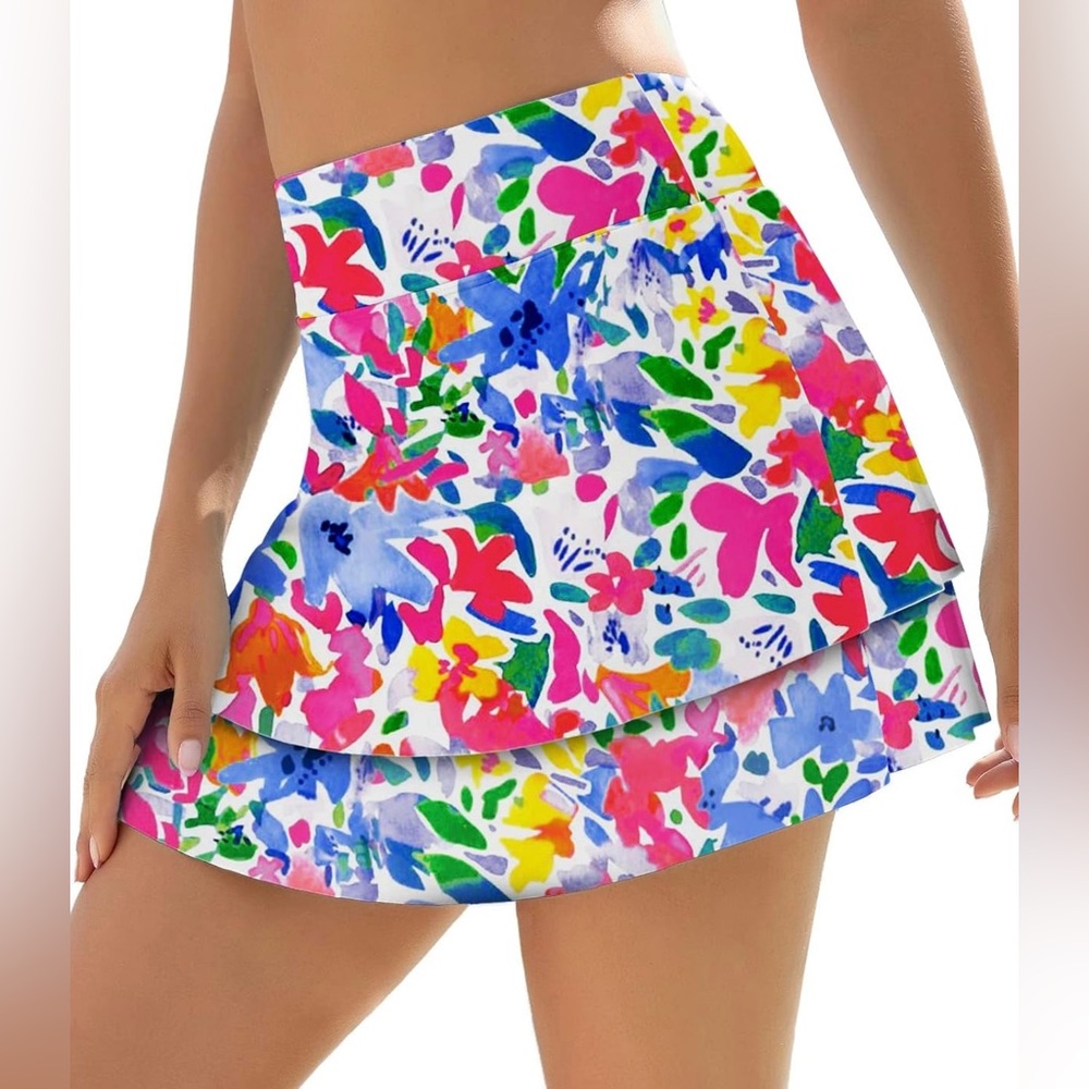 WOWENY Floral Layered Flowy High Waisted Swim Skirt w/Bikini Bottoms Women’s S